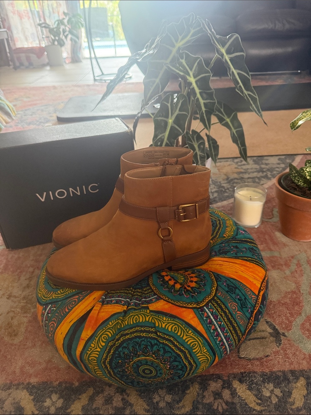 Vionic Tan Leather Ankle Booties with Buckle Strap